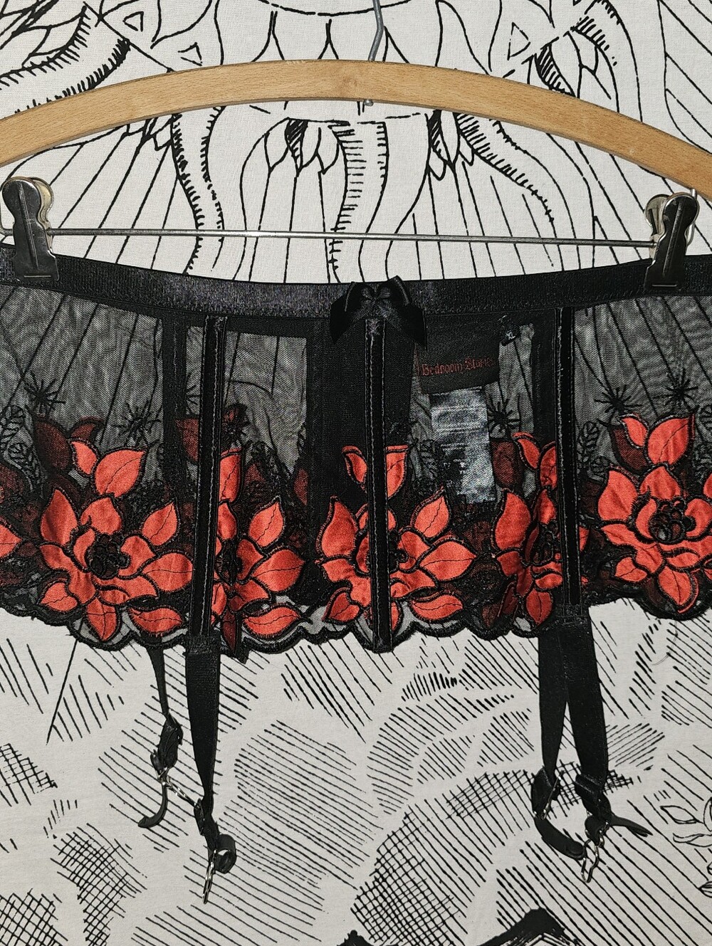 Bedroom Stories XL Black Sheer Garter Belt with Red Floral Embroidery